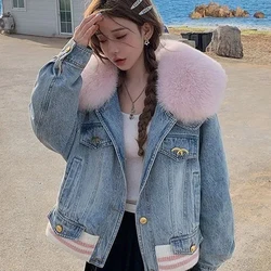 2024 New Womens Winter Coat Faux Fur Denim Jacket Women's Down Cotton Denim Jacket Thick Warm Jeans