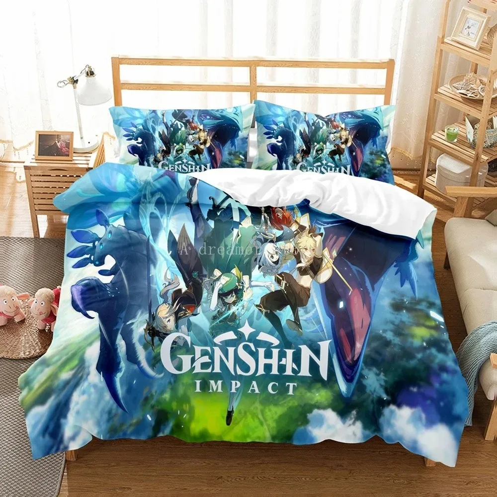 Genshin Impact Bedding Set For Kids Teens Boys Girls Game Duvet Cover With Pillowcase Microfiber Bedclothes Cartoon Bed Linen