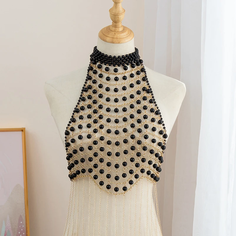 Euro-american Pearl Body Chain Banquet Dress Fashion sweater chain Sexy handmade beaded necklace Strap accessories