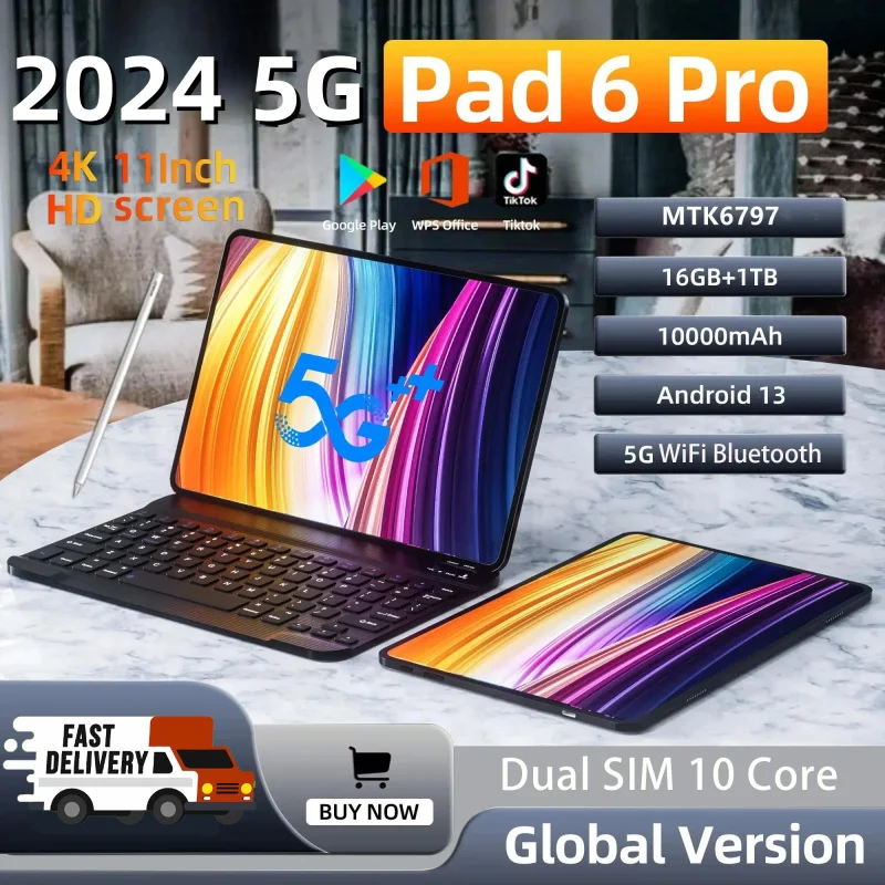 

2024 Original Global Version Pad 6PTablet Android 13 16GB 1T 11 Inch 10000mAh 5G Dual SIM Phone GPS WiFi WPS HD 4K Mi Tablet