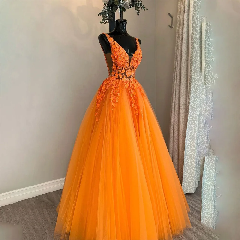 

Lily Orange V-Neck Lace Evening Dresses Long A-Line Charming Prom Dress Beading Appliques Party Dress Custom vestidos de noche