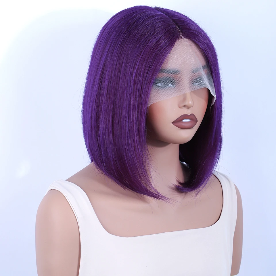 

Peruvian Straight Short Bob Wig 13*5*2 T Part Lace Front Human Hair Wigs 180% Density Purple Color Lace Front Human Hair Wigs