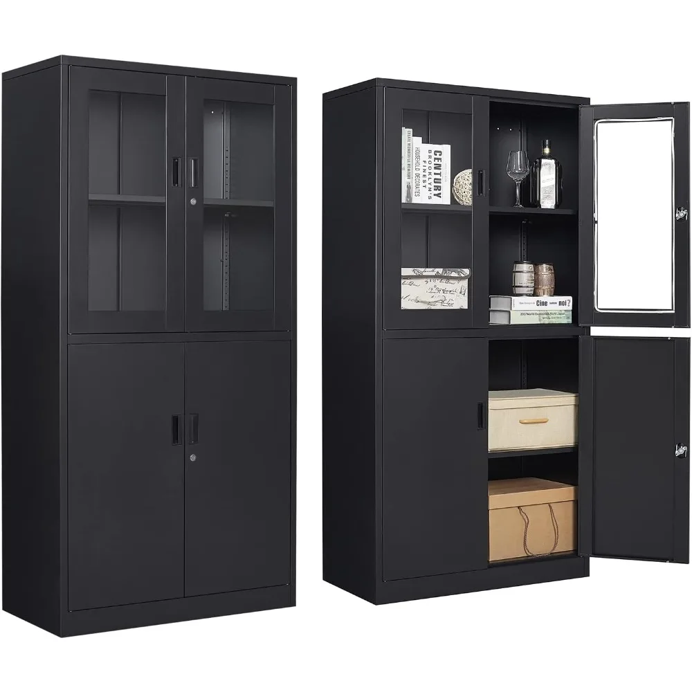 

71”H Display Cabinet with Adjustable Shelves, 4 Door Display Cabinets with Glass Door, Black Metal Display case, Locking Steel S