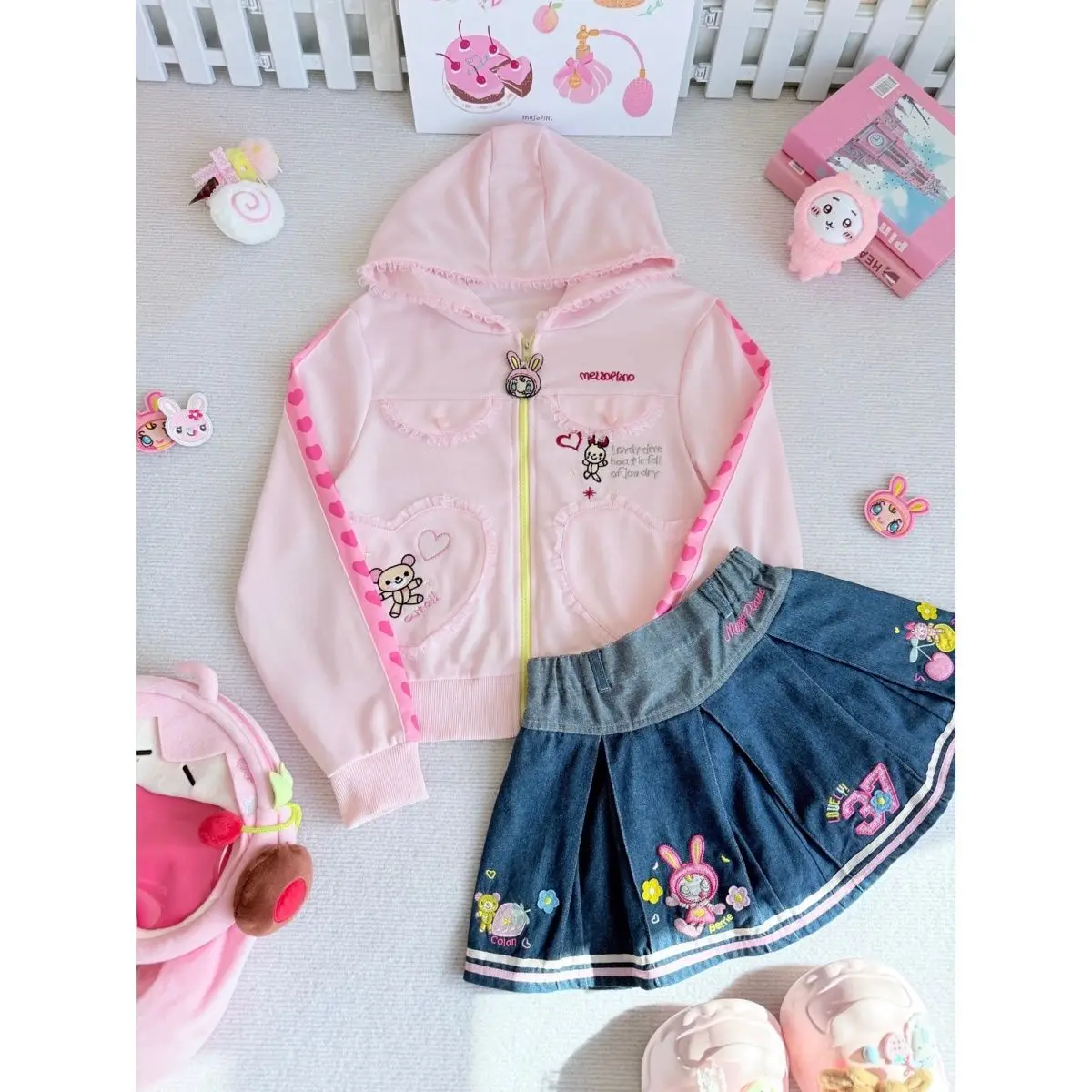

Japanese Preppy Style Sweet Pink Zip-up Hoodie + High Waist Embroidery Denim Pleated Skirt Cartoon Mp 2 Pcs Sets Women Suits