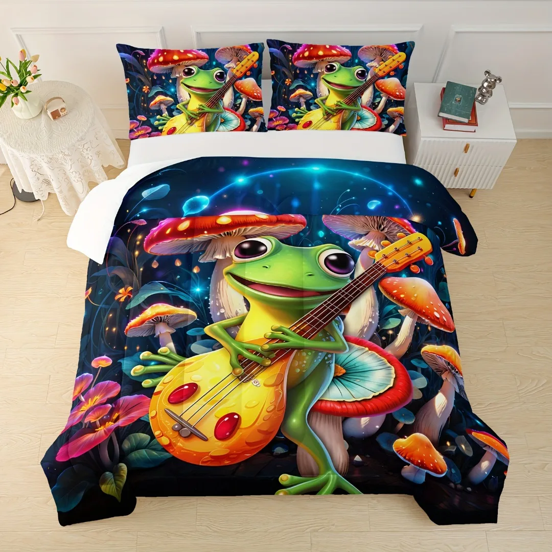 Cute Frog Guitar Comforter Set, Botanica Mushroom 3 Piece Bedding Set, Cartoon Comforter For Room Decor