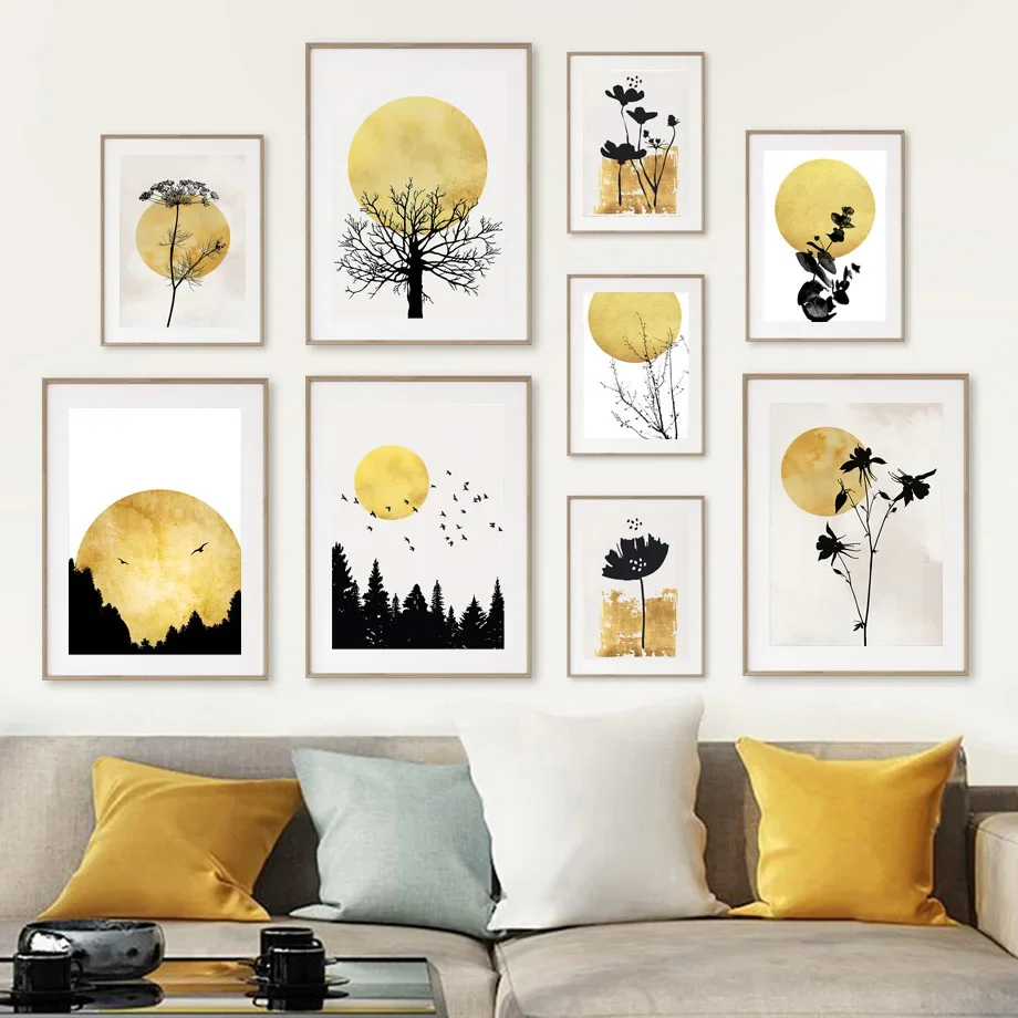 

Abstract Tree Branches Flower sun Bird Wall Art Canvas Painting Nordic Posters And Prints Wall Pictures For Living Room Decor