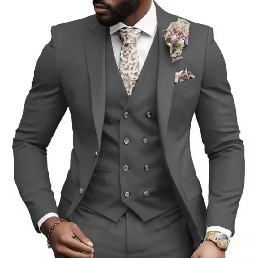 

High Quality Men Suits Solid 3 Piece Business Slim Fit Male Clothing Elegant Wedding Two Buttons Jacket Vest Pants Party Sets