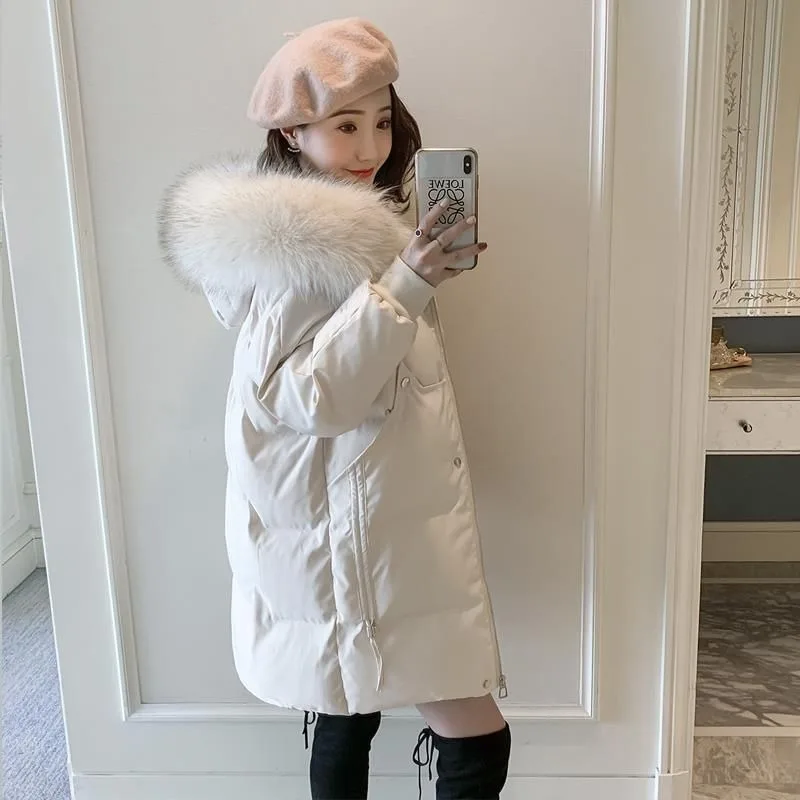 2023 New Women Cotton Coat Winter Jacket Female Mid Length Version Parkas Big Fur Collar Hooded Outwear Loose Thicken Overcoat