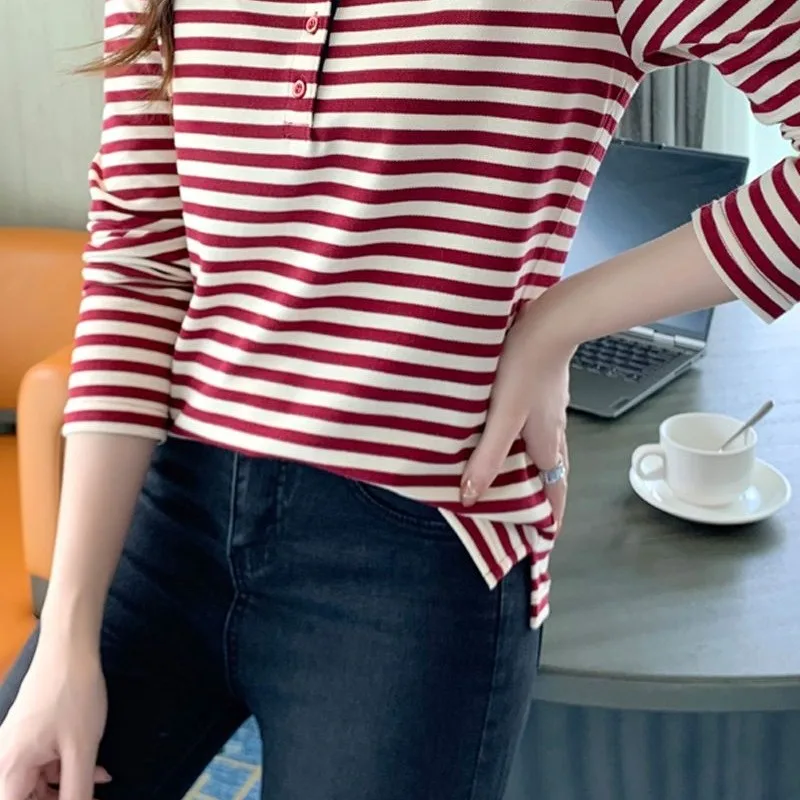 2023 Spring and Autumn Women\'s Pullover Polo Neck Stripe Loose Fit Bottom Shirt Casual Fashion Elegant Commuter Long Sleeve Tops