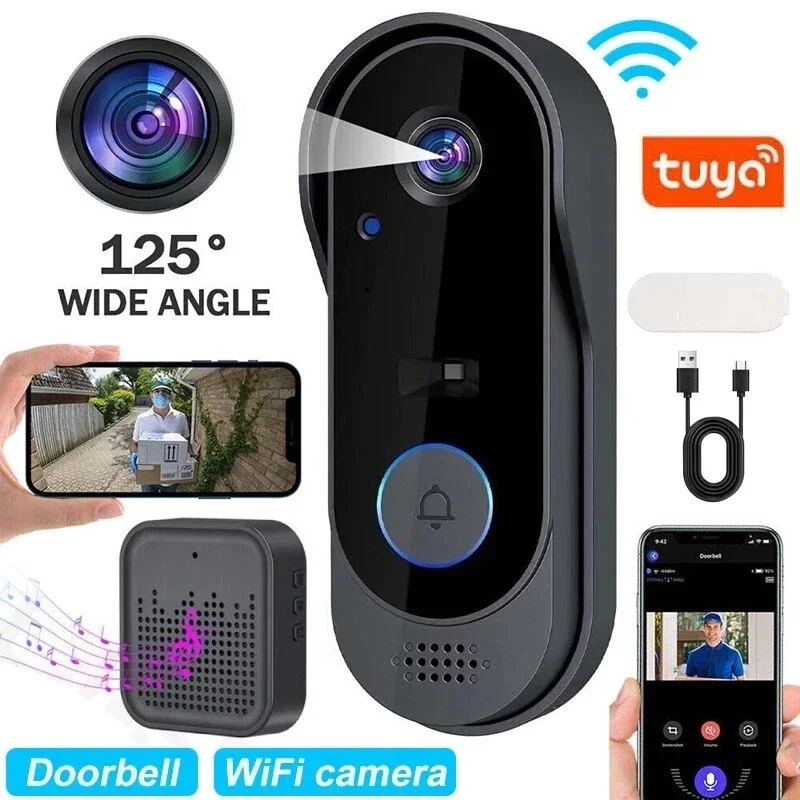 Sonnette vidéo intelligente avec caméra de sécurité, interphone Wi-Fi sans fil Tuya, vision nocturne et surveillance vidéo