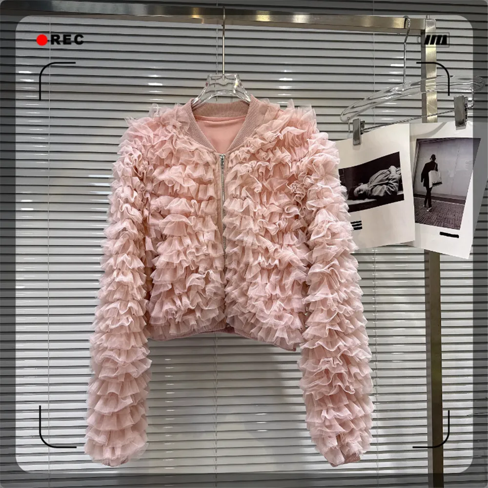 Chic Layered Ruffle Mesh Zip-Up Cropped Jacket – Fall Sweet Style