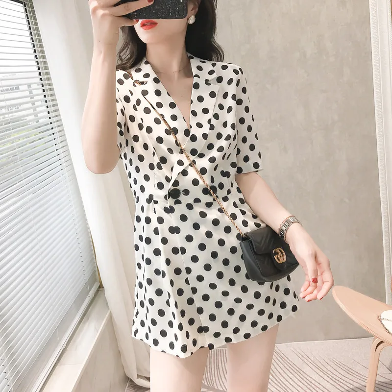 

Bla White Polka Dot Pantsuit Women's Summer Faion Slimming High Waist Straight Leg Commute Sle OL Faion