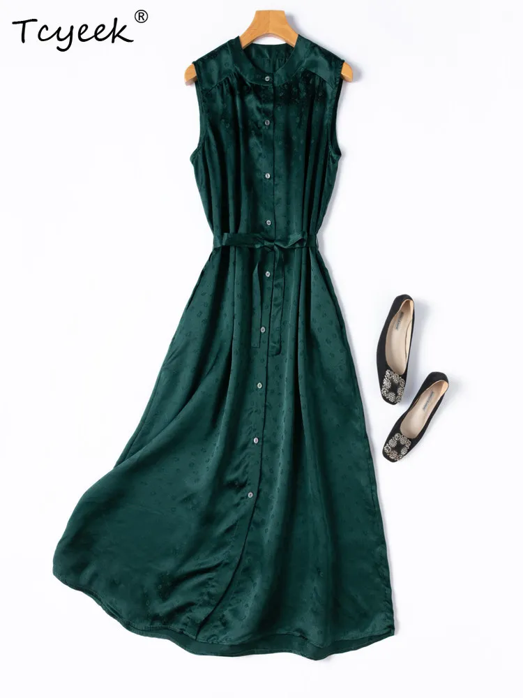 Tcyeek 100% Echte Maulbeerseide Vintage-Kleid Damenmode Partykleid Locker Sitzend Elegante Damenkleider Vestido Mujer