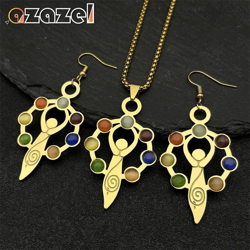 

7 Chakra Stone Yoga Necklace Earrings Set for Women Stainless Steel Gold Color Box Chain Reiki Spiritual Healing Amulet Jewelry