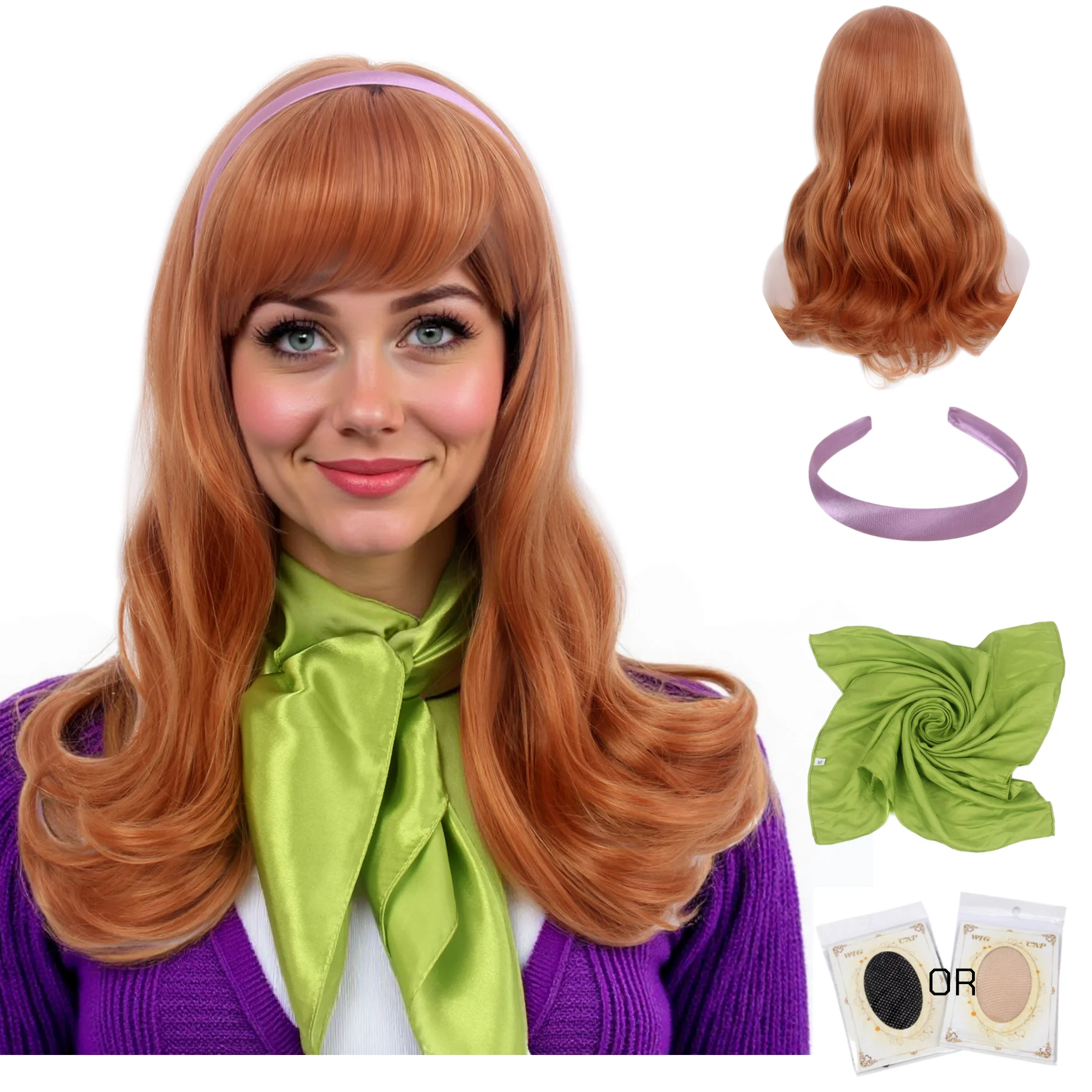 Peluca larga naranja con flequillo Daphne, película Scoobi-Doo, pelo sintético ondulado liso para disfraz de Halloween, peluca de REEWES para fiesta diaria