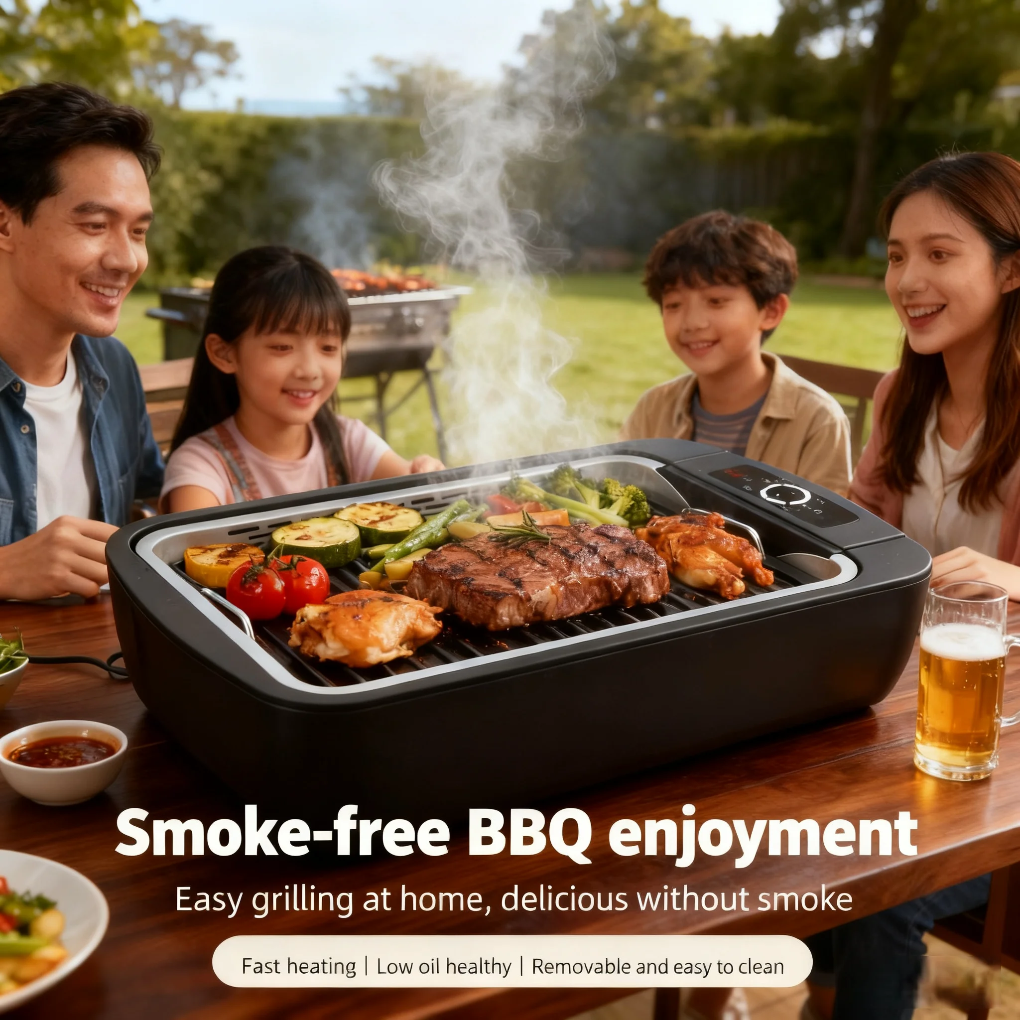 

1100W Smokeless BBQ Grill Fast Heating Adjustabe 446℉ Even Heating Temperature Indoor Grill Non-slick Magnesium Alloy Gril Plat