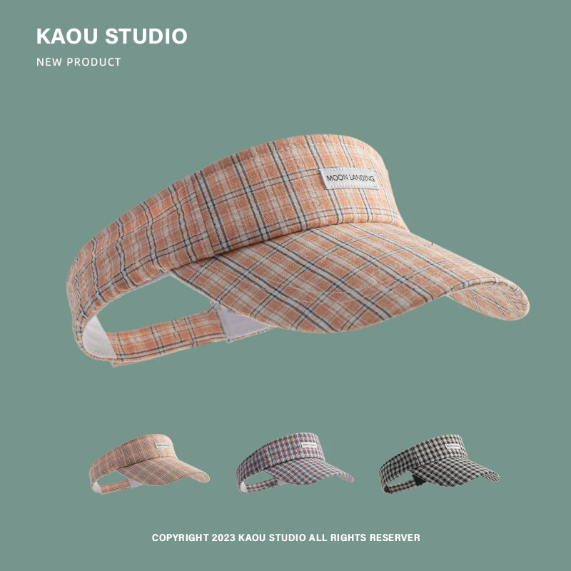 

Korean Summer Plaid Running Marathon Empty Top Hat Outdoor Men's and Women's Sunscreen Sticker Label Design Curved Brim Sun Cap