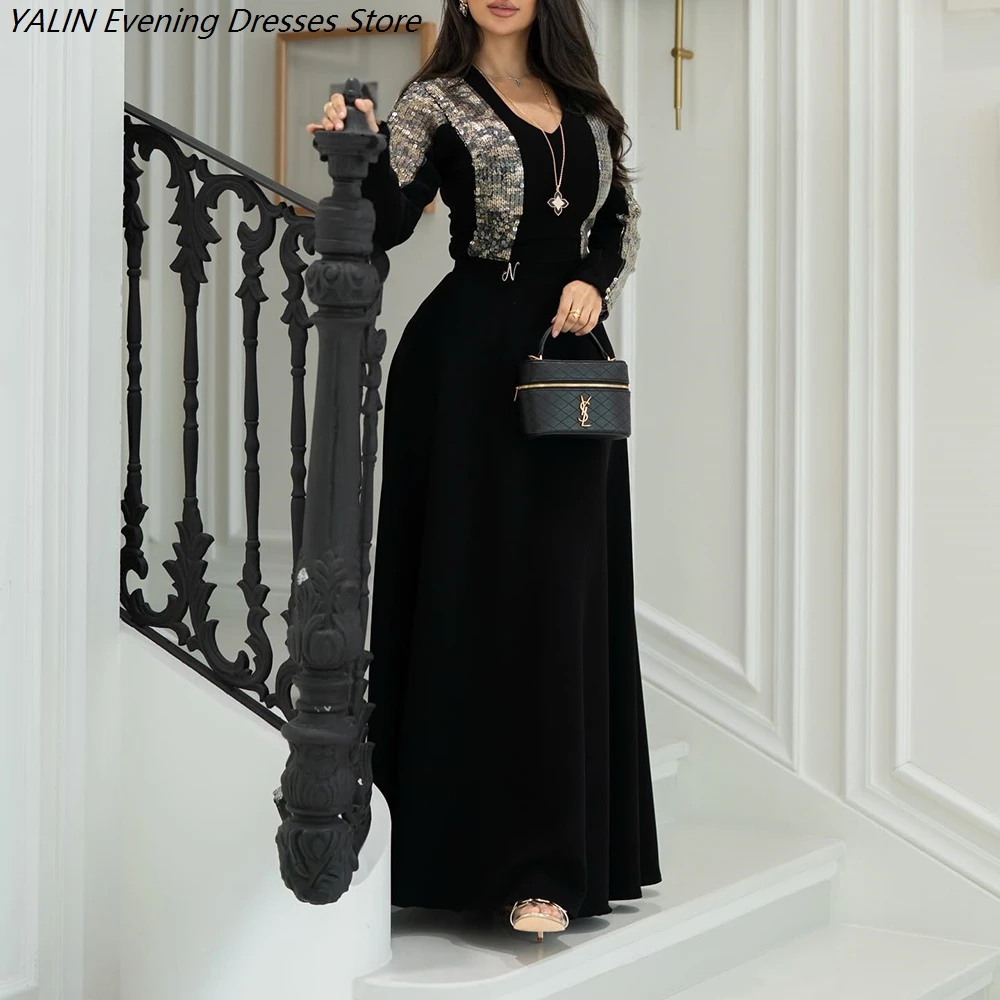 

Women's A-line Evening Dresses Ankle-length V-neck Full Sleeve Prom Dresses Fashion Sequined Simple Draped Customized Gowns