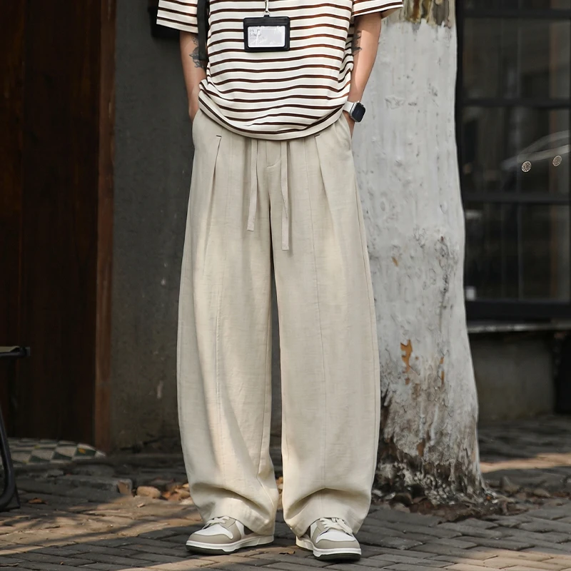 

2026 American Retro Solid Color Imitation Hemp Drape Casual Pants Men's Summer Thin Versatile Loose Straight Wide-leg Sweatpants