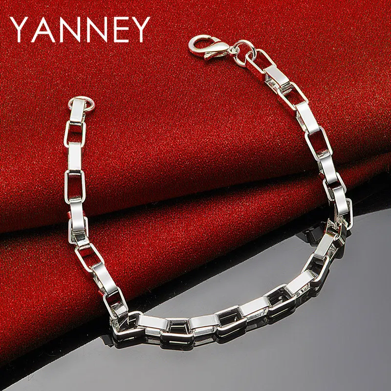 Charm 925 Sterling Silver 8 Inches Rectangular Box Chain Hip Hop Bracelet Men Women Fashion Gifts Jewelry Wedding Party