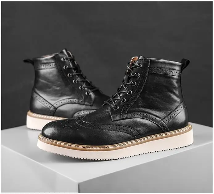 Size 38-45 Male Footwear British High Calf Shoes Lace Up Men Footwear Vintage Fashion Genuine Leather Shoes Ankle Boots Boy A031