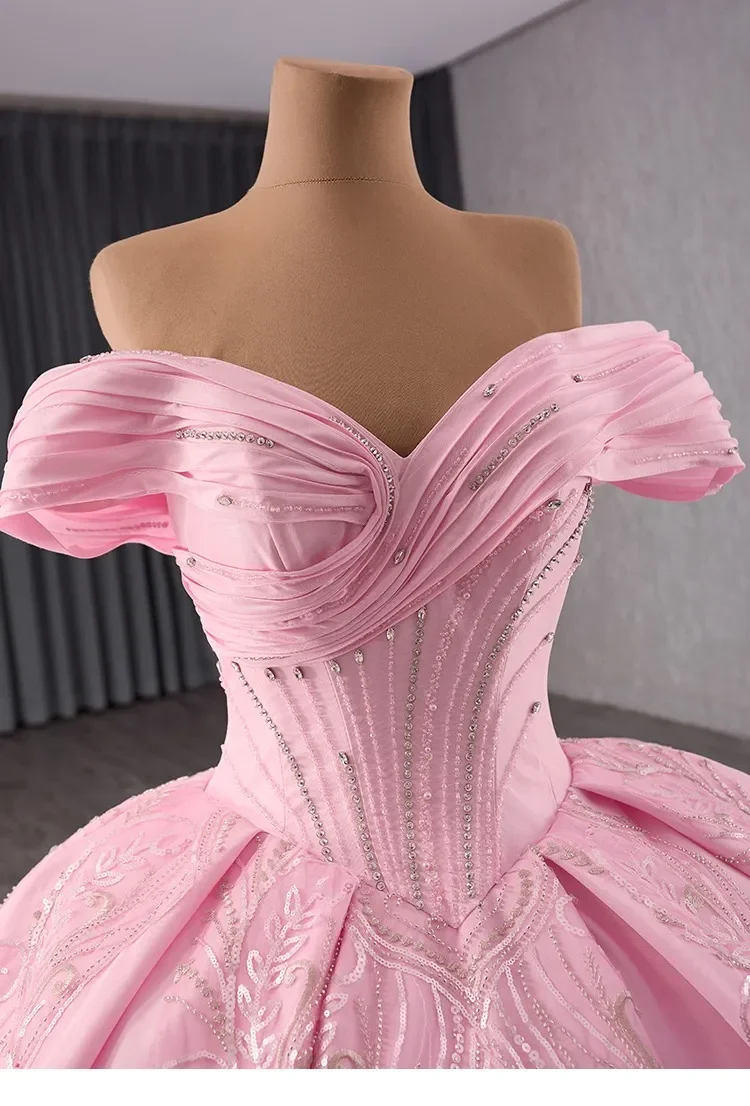 Customized Lovely Blushing Pink Rhinestone Sequins Wedding Dresses 2025 Ball Gown  Short Sleeve Backless Chapel Train Wedding