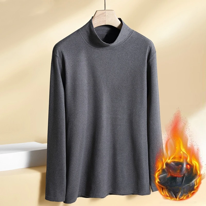 Men's Double-Sided Fleece Collar Thermal Long T-Shirt Sleeve Crew Neck Elastic Warm Underwear Autumn Winter Bottoming Shirts