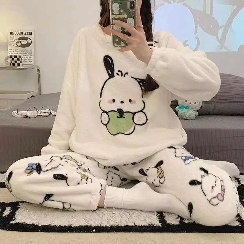 New Sanrio Sleepwear Pochacco Kawaii Winter Women Thicken Warm Plush Cute Cartoon Home Suit Lounge Wear Long Sleeve Y2k Clothes