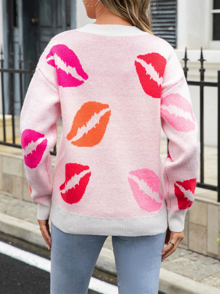 

Women Loose Knit Sweater Lip Pattern Valentine s Day Sweater Long Sleeve Pullovers Fall Winter V-Neck Jumpers Streetwear