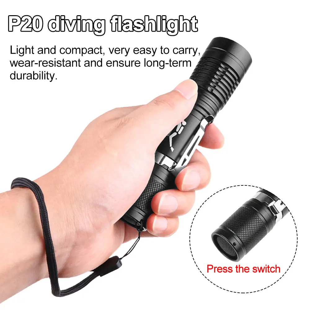 P20 5W LED Diving Flashlight Aluminum Alloy Scuba Diver Flashlight Pen Clip Mini Portable Waterproof IPX8 Underwater Torch