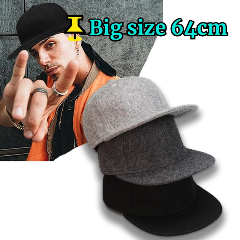 Man Big Size 64cm Fitted Baseball Caps Big Size Hip Hop Hat European  American Wool Hat Back Closed Large Size Felt Snapback Cap