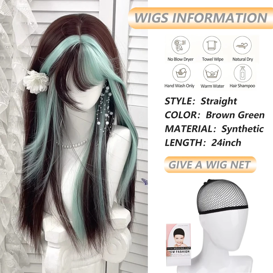 Brown-black Green Wig with Bangs Synthetic Long Straight Purple Orange White Blue Wigs for Women Lolita Cosplay Natural Wig