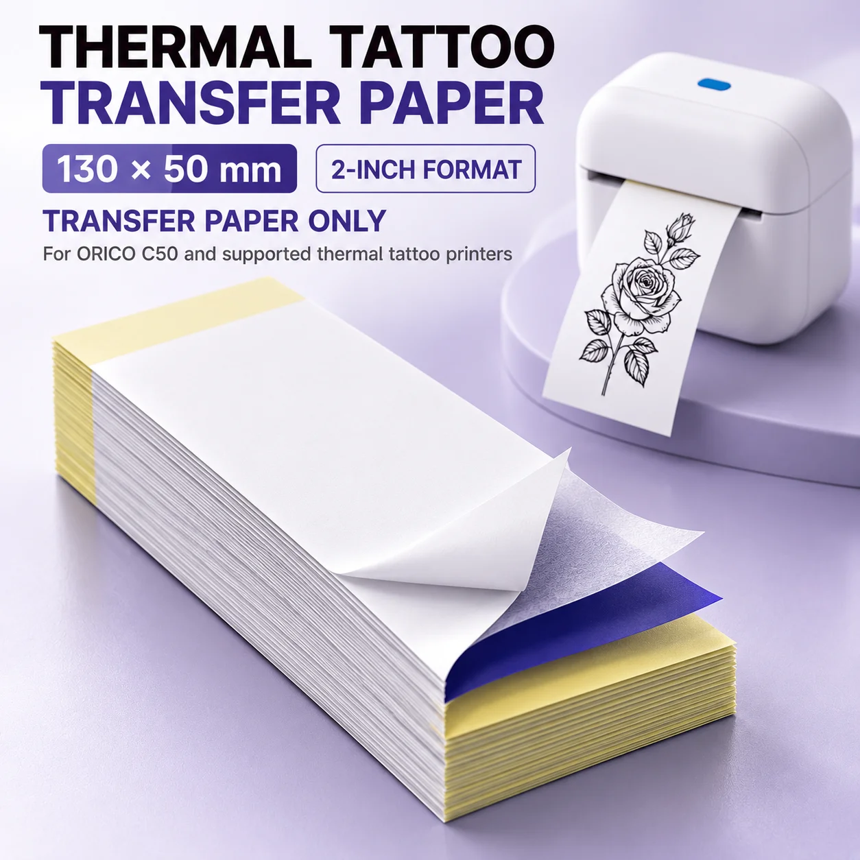 2 Inch Tattoo Stencil Paper, 130x50mm Thermal Transfer Refill Compatible with C50, Custom Body Art Patterns