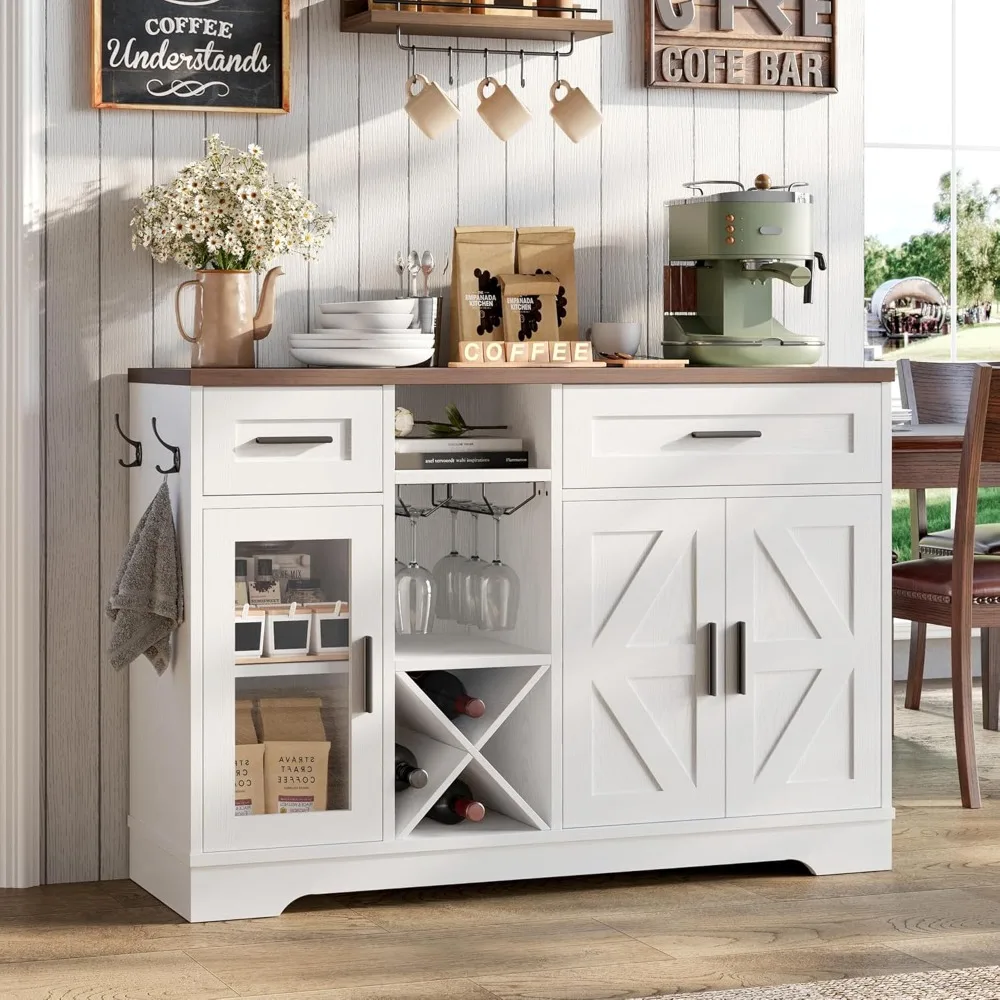 خزانة مشروبات القهوة، خزانة بار القهوة في المزرعة مقاس 47.3 بوصة مع حاملات زجاجية، خزانة بار النبيذ مع درجين، رفوف للمشروبات الخمور #1