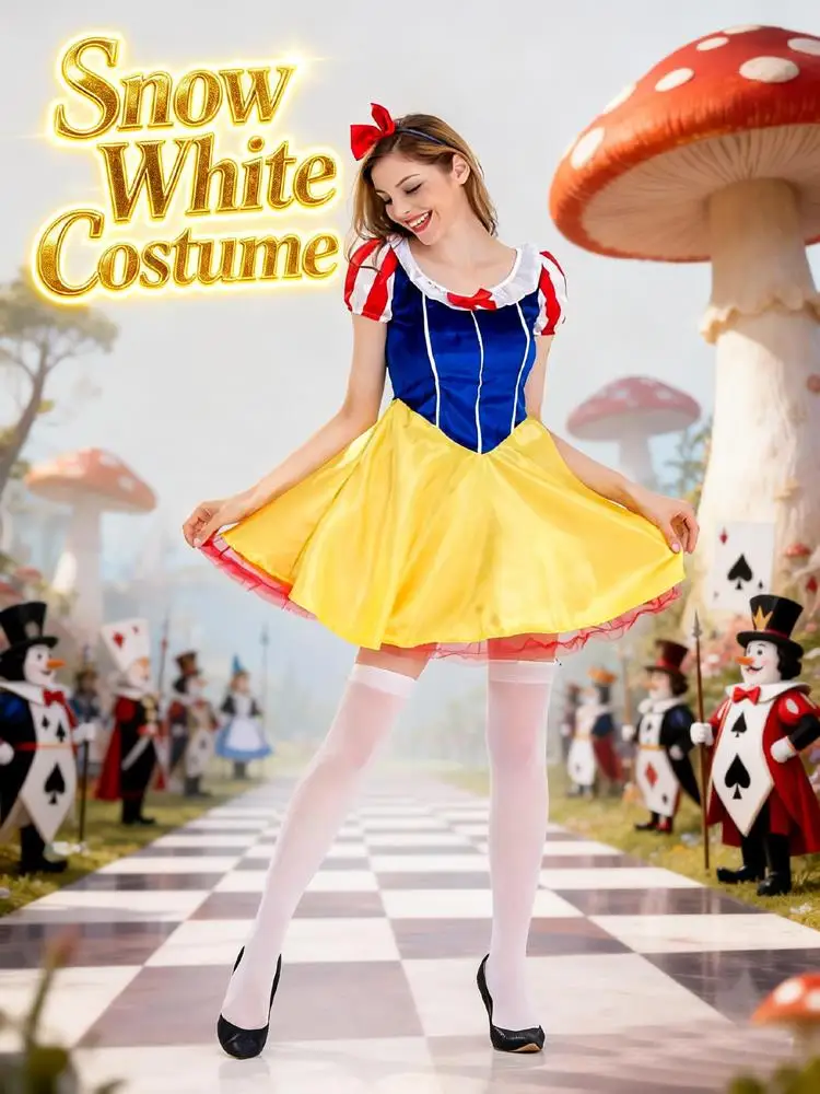 Schneeweißes Kleid für Damen, Purim-Kostüm für Erwachsene, Holloween, Purim, Geburtstagsparty, Karneval, Cosplay, Prinzessin, kurzes Kleid ohne Socken