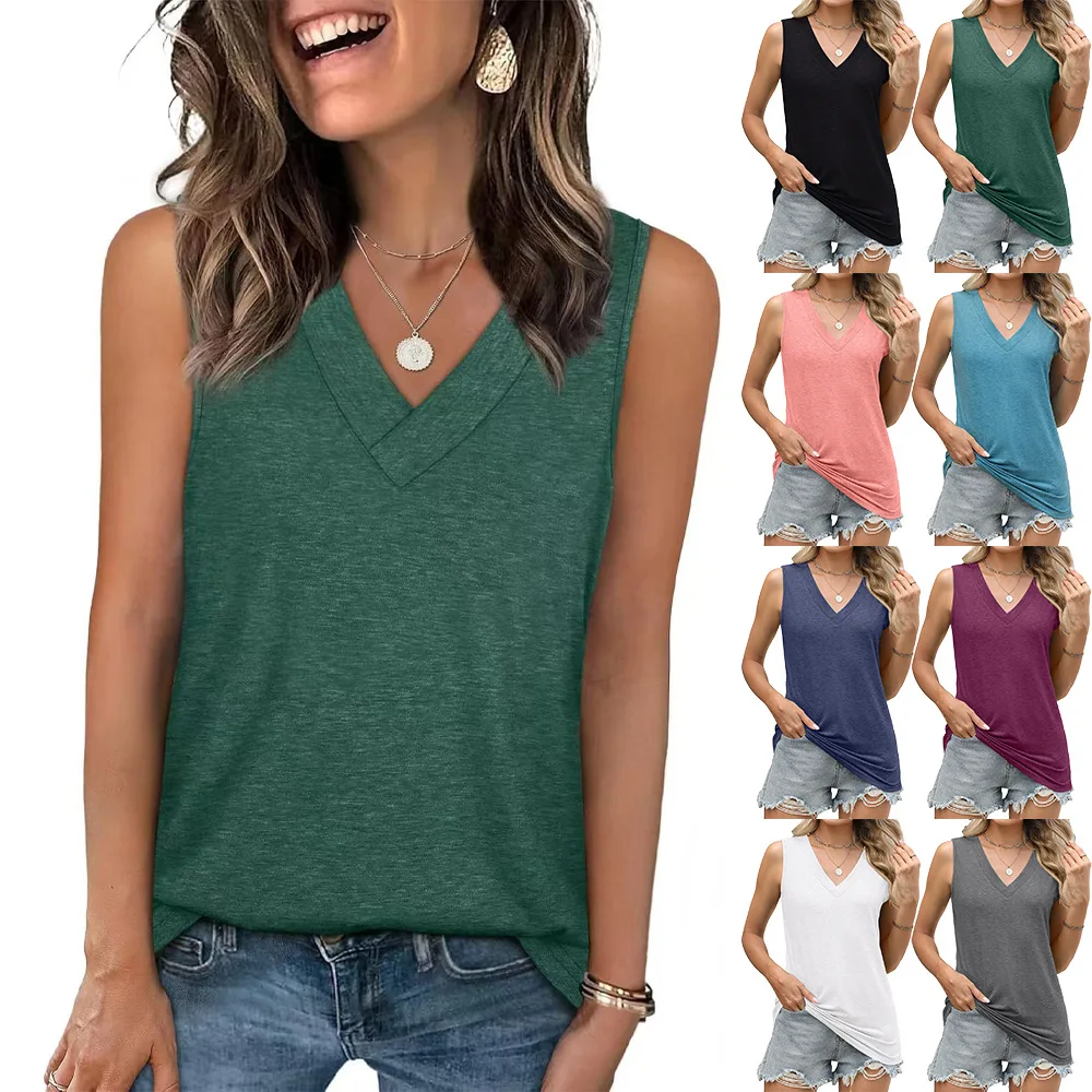 Women's Summer Casual V Neck Tops Trendy Solid Color Sleeveless Basic Loose Shirts Fashion Basic Black White Blouses 2025 New