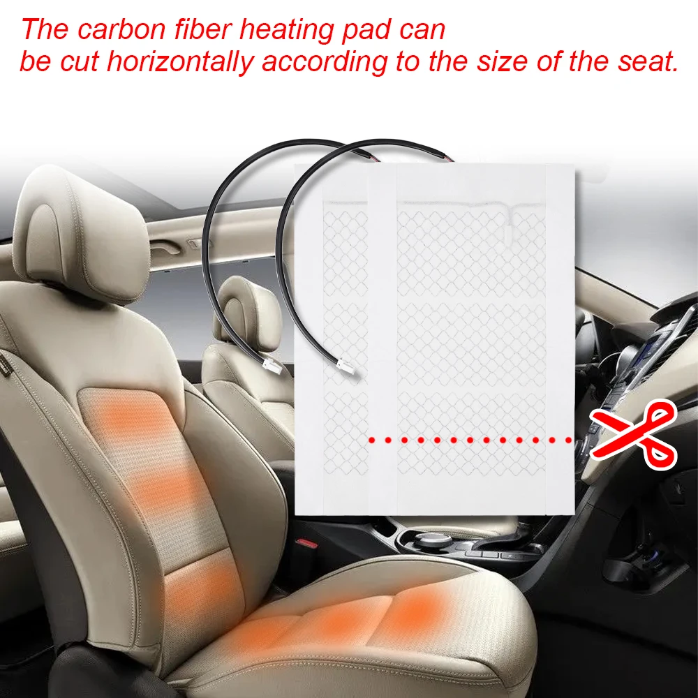 Almohadilla calefactora Universal para asiento de coche, 2 uds., 12V, fibra de carbono, esteras calefactoras para coche, cubiertas calentadoras de invierno para piezas de camiones, 48x27cm/52,5 cm x 28cm