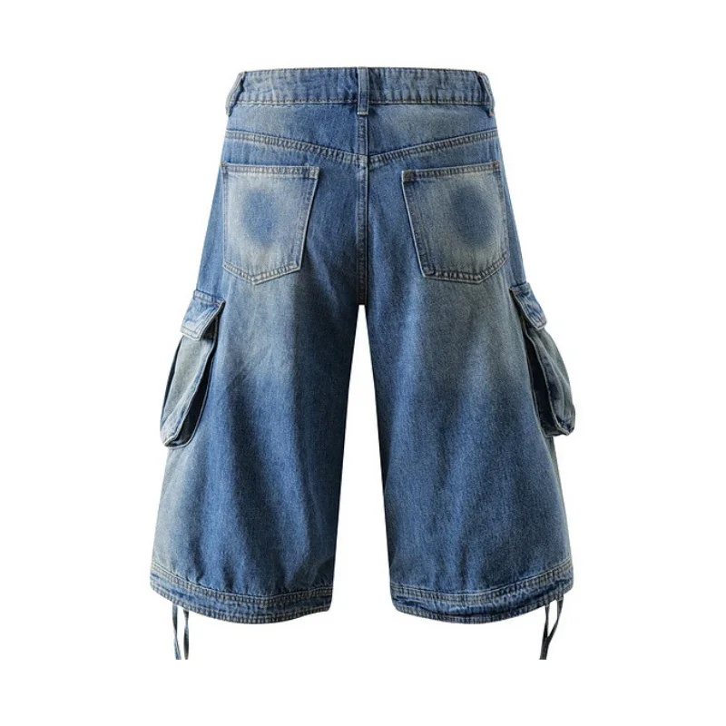 Baggy Cargo Jorts Men Retro Side Flap Pockets Knee Length Wide Leg Denim Shorts Hip Hop Streetwear Casual Summer Short Pants