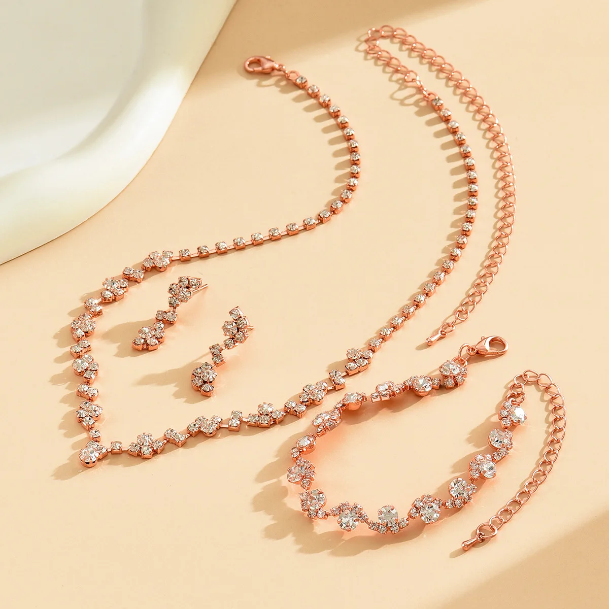 BLIJERY NEW rose gold color Rhinestone Wedding Jewelry Sets for Women Crystal Necklace Earrings Bracelet Bridal Jewelry Sets