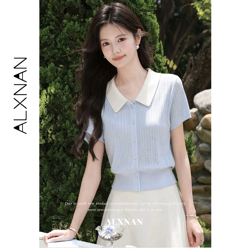 ALXNAN Blue Striped T‑shirt 2026 New Short Sleeve White Lapel Floral Buttons Textured Tees Elegant Casual Women Tops DYL662926