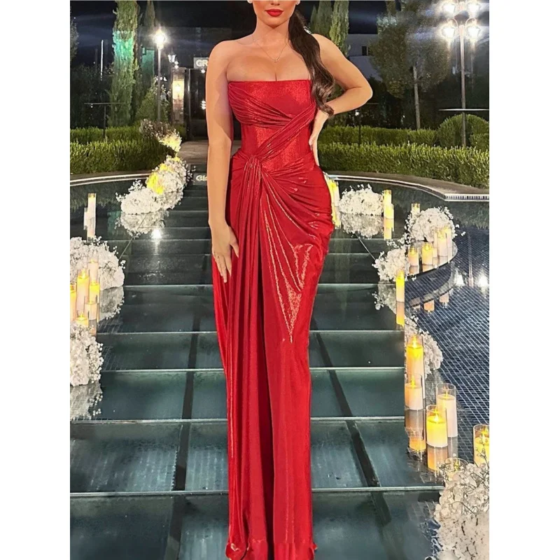 

New Dress With Fashionable Knitted Coating, Spliced Straps, Sexy Slit, Long Strapless Evening Gown