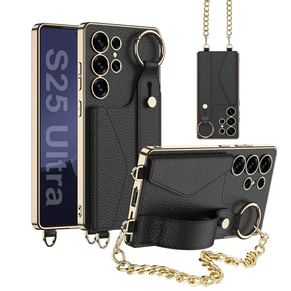 

S25 Ultra Card Holder Ring Wrist Strap Stand Phone Case for Samsung Galaxy S25 Ultra S24 S23 Hardware Chain Simple Leather Cover