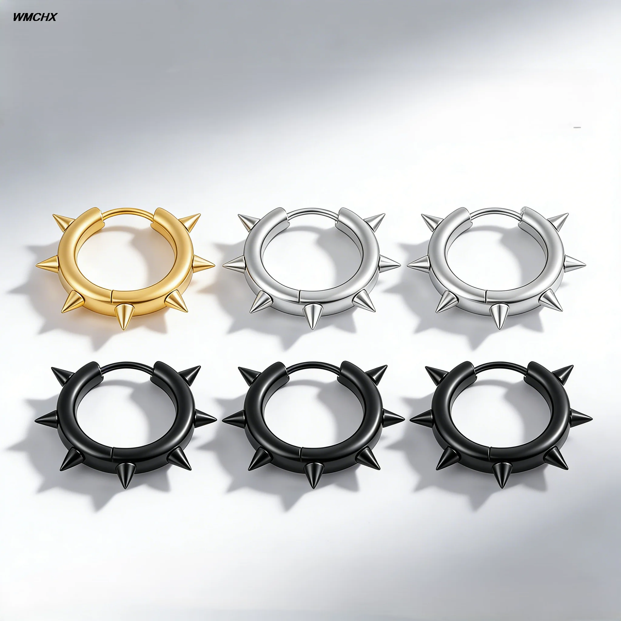 WMCHX 1 Pair Stainless Steel Spike Circle Huggie Hinged Hoop Earrings Men Women Gothic Rock Hiphop Triangle Cone Hoop Earrings