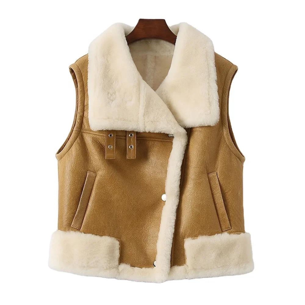 Autumn Winter Windproof Sheepskin Leather Waistcoat Women Double Face Real Lamb Fur Vest