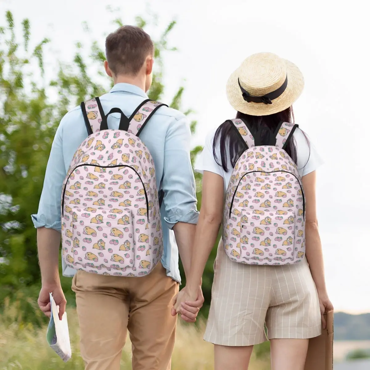 Mochila de morango doce cobaia rosa, mochila de lona menino e menina do jardim de infância Amantes do estudante da escola primária