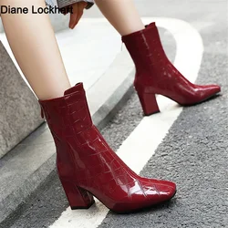 2025New Women Ankle Boots Female Zip Autumn Winter PU Leather Square Toe Ladies Chelsea Boats High Heels Booties White Red Black