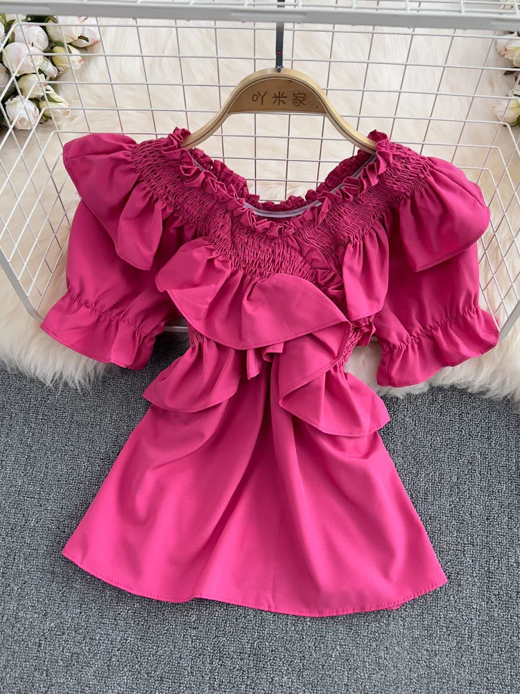 EWQ Sweet Style And Youth Woman Blouses Solid Color Ruffles Patchwork Slash Neck Female Slim Shirt Summer 2023 New 27SN1784