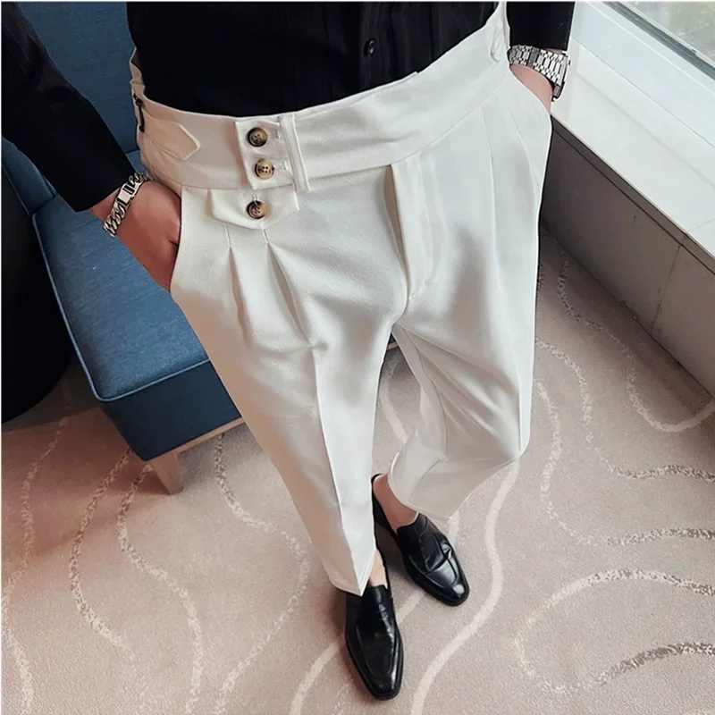 2024 Spring Autumn Men High Waist Belt Design Casual Slim Formal Dress Pant Men Social Office Wedding Party Dress Suit Pants