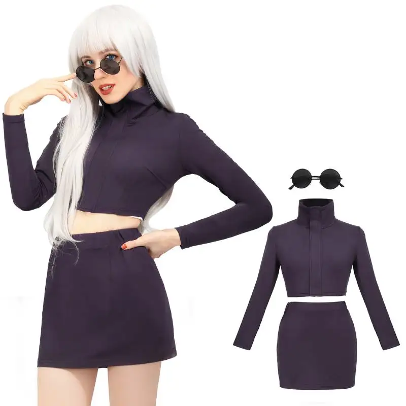 

DAZCOS JJK Womens Cosplay Costume US Size Set Anime Cosplay Women Purple Halloween Costume Crop Top Split Skirt with Glasses