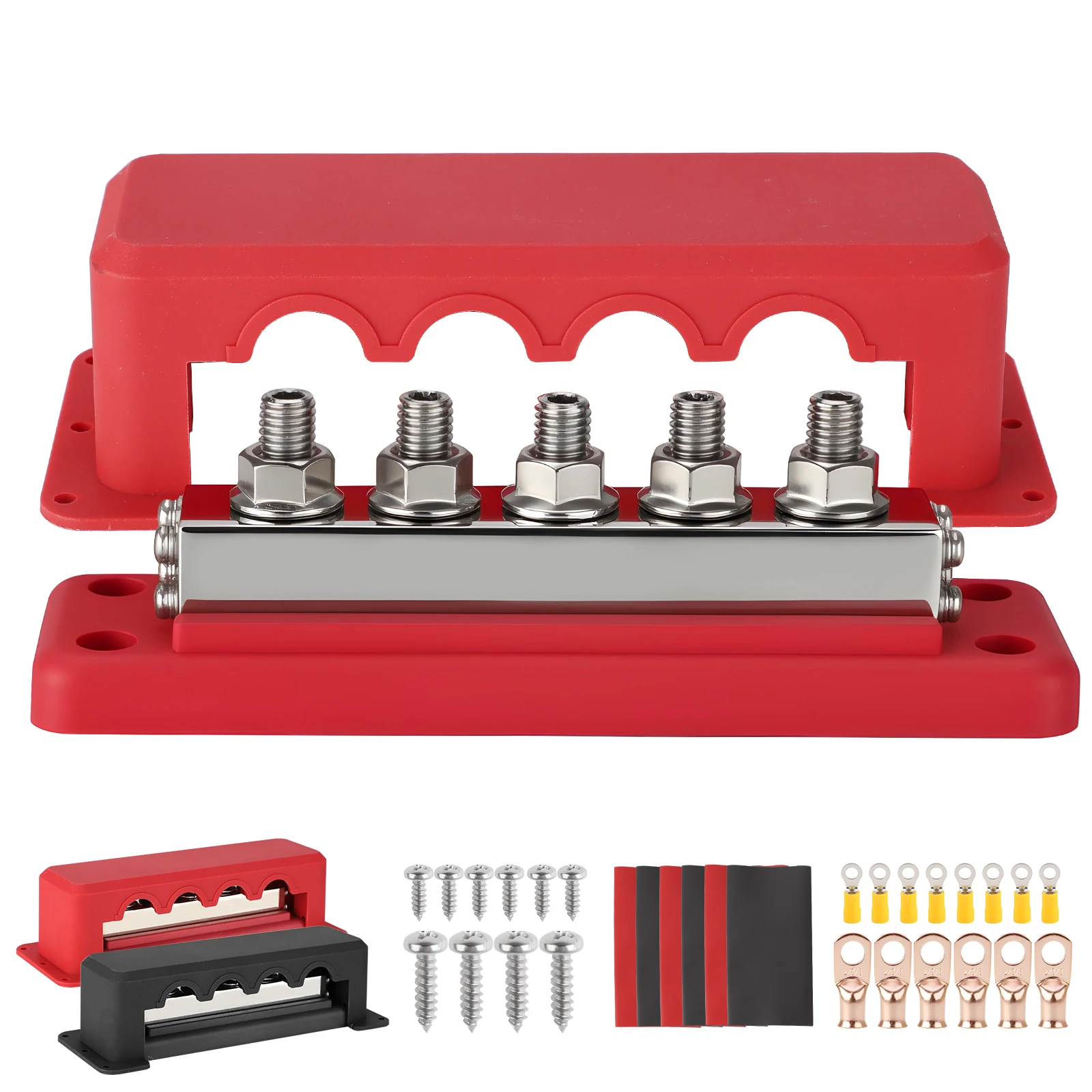 

Блок распределения заземления аккумулятора, 48 В постоянного тока, 600 А, шпильки M10, 5 клемм, положительный отрицательный клеммный блок с крышкой для лодки, автомобиля, автофургона